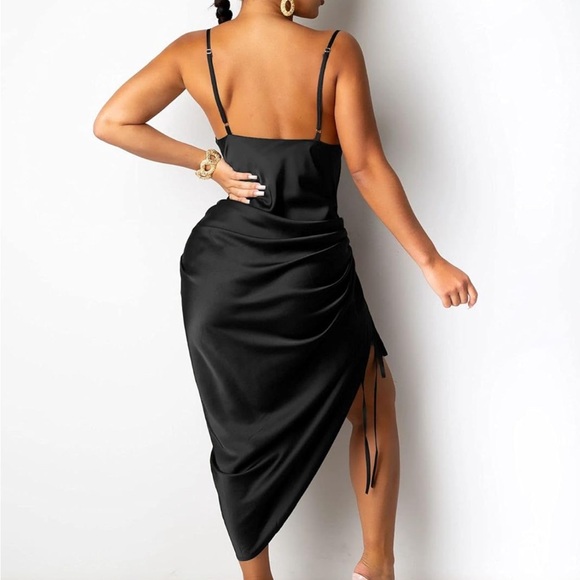 Spaghetti strap backless drawstring ruched split hem cocktail evening dress - Picture 3 of 3